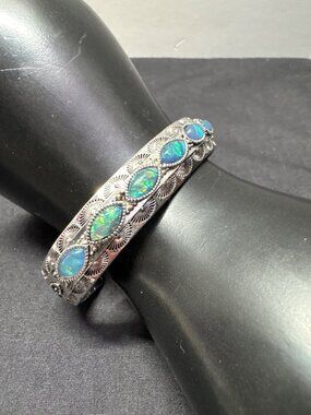 Vintage Silver Cuff Bracelet Blue Opal Stones Engraved Floral Design 2.5-Inch In